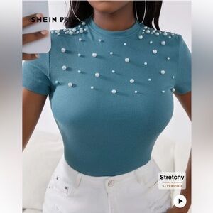 Women's Teal Pearl Embellished Top